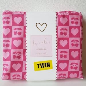 Twin Size 3-Piece Bed Sheet Set Cherries Hearts Checkered Pink Girly Coquette